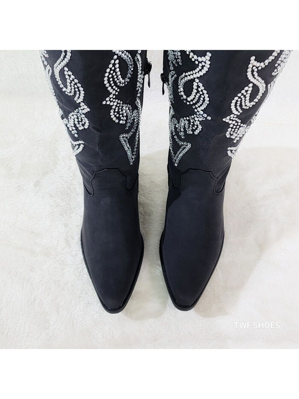 NIB Ann Black Leatherette With Rhinestones Country Glam Western Cowgirl Knee Bo - Picture 5 of 6